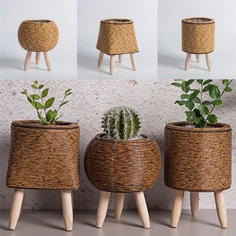 Vintage Imitation Rotin Tissé éTagèRe à Fleurs JardinièRes Panier de Rangement Fait à la Main avec Pieds en Bois Support de Pot de Plante, B