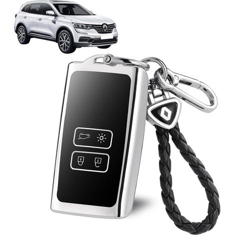 Renault Schlüsseletui-Abdeckung, 4-Tasten-TPU-Autoschlüsseletui, TPU-Autoschlüsselhalter mit Leder-Schlüsselring, kompatibel mit Renault, Silber (Silber) (1/4)