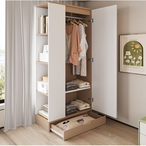Armoire 70 x 40 x 170 cm à 1 porte, avec étagères et tiroirs, naturel et blanc DESVIAE (1/5)
