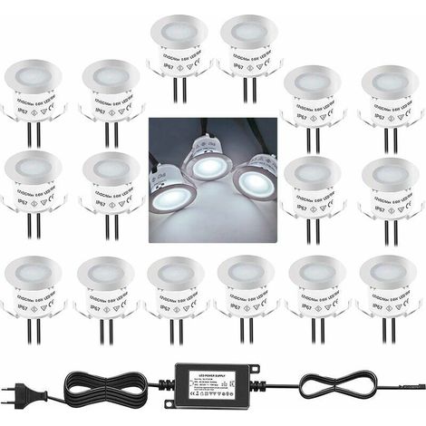 Lot de 16 Mini Spots Encastrables LED Extéri IP67 Étanche Blanc Lumière du Jour 4500K Lampadaire 32mm 0.6W DC 12V pour Escaliers en Bois Terrasses de Piscine