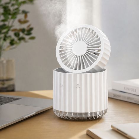 Ventilateur de bureau brumisateur rechargeable USB-C, moteur sans balais silencieux 22dB, 3 vitesses, lumière d'ambiance, pliable, blanc (1/4)