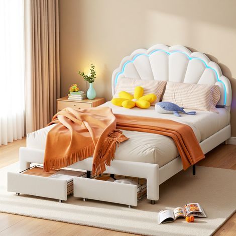 Cama infantil tapizada, cama individual 140x200cm, cabecero en forma de flor con LED, con cajón, estructura de cama para niños y niñas, tela de terciopelo (1/5)