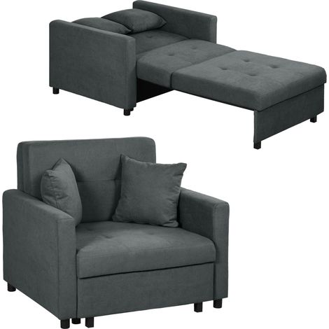 Fauteuil-lit en velours gris avec 2 coussins et espace de rangement, 100 x 98 x 88 cm