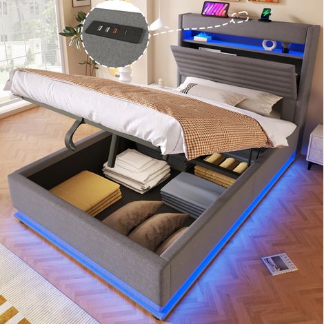 Cama con almacenaje 90x200 cm gris en lino con LED y puertos USB Tipo C (1/5)