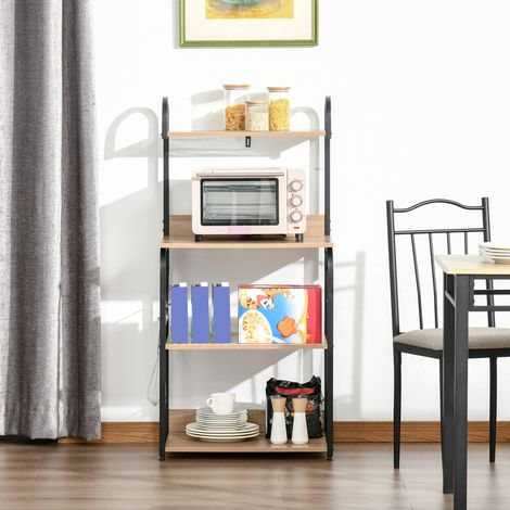 Armoire micro ondes Bois cuisine 4 étagères et crochets acier/bois 60x40x125 cm