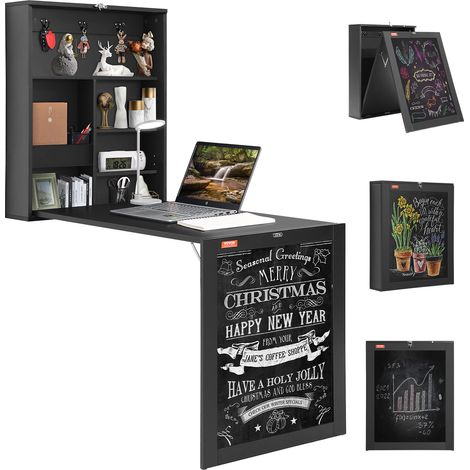 VEVOR Wall Mounted Desk, Fold out Convertible Desk, Multi-Function Folding Wall Table with Chalkboard for Home Office, Space Saving Computer Desk with Storage Area (1/5)