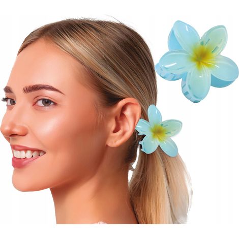 Pinza para el cabello con flores azules y amarillas, diseño de carnaval primaveral hawaiano Aloha, 8 cm. (1/5)