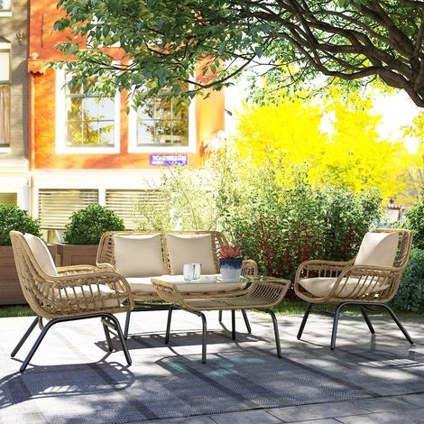 Set da giardino Outsunny per 4 persone, 4 pezzi, stile esotico, finitura in metallo e resina con rivestimento epossidico, include cuscini in poliestere ad alto comfort, beige.