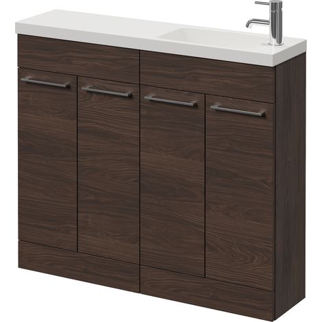 Napoli 250 Brown Oak 1000mm 4 Door Vanity Unit with Round Silvo Basin - 1000mm - Chrome 160mm Handle