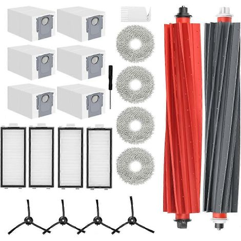 Set mit 22 Zubehörteilen für den Narwal Freo Z Ultra Staubsauger: rotierende Seitenbürste, HEPA-Filter, Reinigungstuch und Staubbeutel.