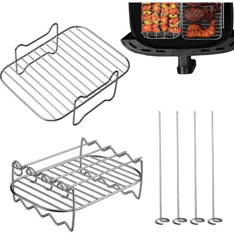 2 Pièces Grille De Gril Pour Friteuse À Air, Inoxydable supports de friteuse à air comprimé, avec 4 Brochette, Support Multifonction Double Couche, Convient aux Friteuses Double Zone (1/5)