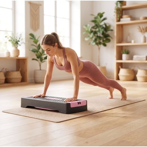 Verstellbarer Fitness-Stepper 66x28x16 cm aus ABS in Rosa mit Bändern – MEUBLIV (1/5)