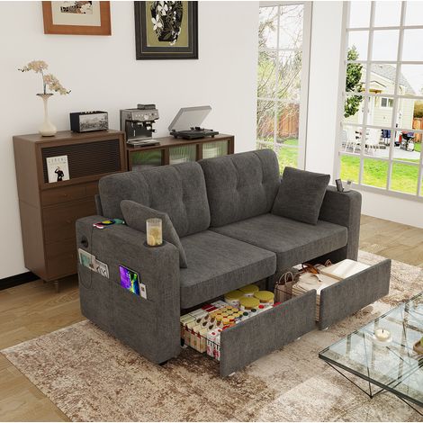 Canapé 2 places 172x75x82 cm gris en chenille avec rangement, ports USB, porte-gobelets et poches latérales (1/5)