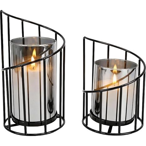 Photophore Bougie, Motif en Spirale, Bougeoirs en Métal avec Cylindre en Verre, Porte-Bougie pour Bougies, Fleurs Séchées, Décoration de Table, Salon et Jardin (Noir)