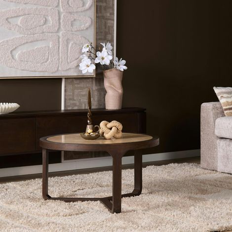 Table basse travertin et bois 3 pieds Ø75 cm DUOMO