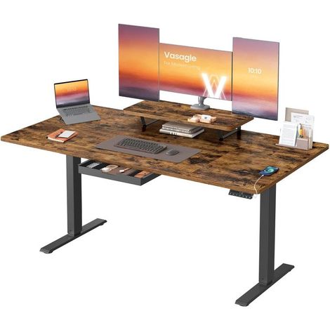 Bureau électrique réglable en hauteur 160 x 80 cm avec tiroir et support d'écran style moderne pour télétravail en aggloméré marron (1/2)