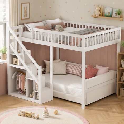 Lit enfants 140×200cm avec rangement,lit superposé avec armoire,lit double avec échelle de rangement,lit mezzanine avec barrières de sécurité hautes,sommier à lattes,lit ados,Bois massif，Beige