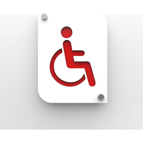 Pictogramme toilettes handicapés PMR - Plaque porte PMMA blanc personnalisable - 20x15 cm, 2 plaques superposées, fixation inox 13 mm (1/4)