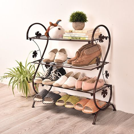 4 Tier Iron Shoe Rack Leaf Decoration, Black (1/5)