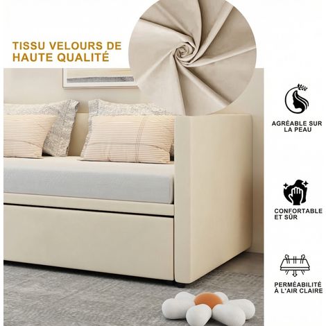 Tagesbett mit Ausziehbett 90/180x200 cm – 2-in-1 Bettsofa – platzsparendes Schlafsofa mit Lattenrost – weicher Samt – Beige