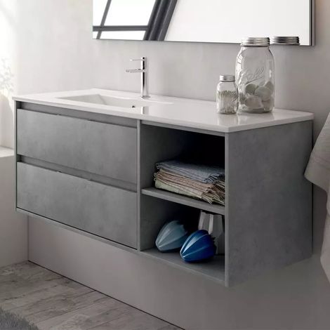 Meuble sous vasque seul, 2 tiroirs et 2 niches, 120cm, pour vasque déportée à gauche - ciment (gris) - OLYMPE
