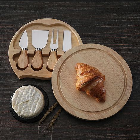 Plateau à fromage rond en bois de 20 cm de diamètre, avec 4 couteaux en acier inoxydable et des couverts à fromage en acier inoxydable. (1/5)