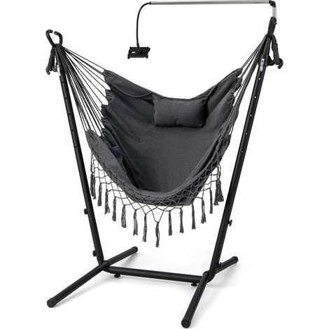 COSTWAY Hamaca con Soporte, Altura Ajustale, Hamaca Jardin Exterior con armazón, Porta Teléfono, Almohada y Bolsillo Lateral, Silla Colgante Interior y Exterior, Máx. 250 KG, Gris (1/5)