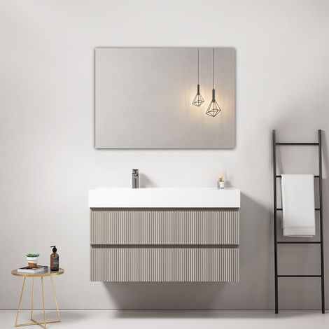 Mobile bagno sospeso cannettato 100 cm Grigio Cenere Lavabo a Sinistra in Resina Specchio Quadro - Fiji Paint (1/4)