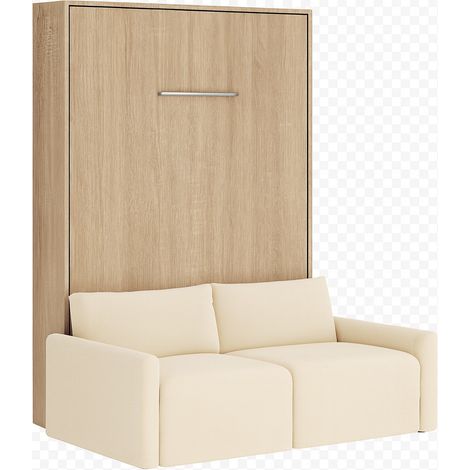 Lit escamotable vertical avec canapé tissu VALENCIA Sans matelas Naturel-80x180-Canapé Naturel-Structure Chêne clair (1/5)
