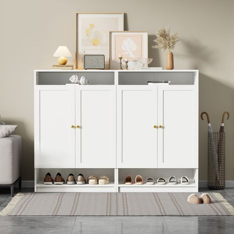 Meuble de rangement pour chaussures moderne, doté de étagères réglables. Poignées en or. Meuble de rangement pour chaussures avec 2 portes. Couleur blanche : B146/D34/H109 (1/5)
