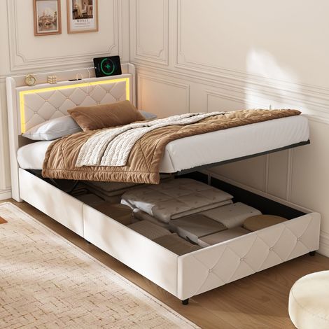Bett mit Stauraum 90x200 cm – Doppelbett – LED – USB- und Typ-C-Anschlüsse – Samt – Lattenrost – gepolstertes Bett für Erwachsene – Beige