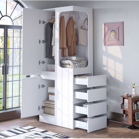 Kleiderschrank aus Holz in Weiß/Holz 70 x 40 x 170 cm mit 1 Tür, 4 Schubladen und offenem Hängebereich (1/5)