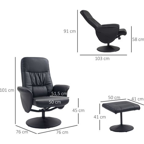 Fauteuil relax avec pouf, fauteuil télé inclinable, siège pivotant en simili cuir noir pour salon et chambre, avec fonction inclinaison et repose-pieds. (1/5)