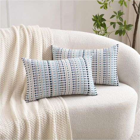 Copricuscini decorativi bohémien 30 x 50 cm, stile country neutro, per divano, letto, soggiorno, set di 2 federe in cotone a righe con texture, blu