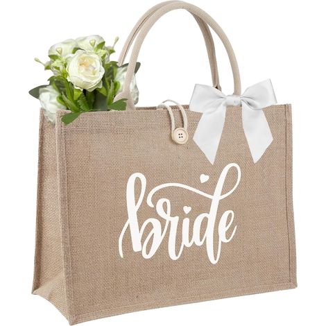 Borsa tote in juta con tracolla e nastro bianco, Borsa tote in juta con tracolla, Regalo in tela per donne, con manici per donne, amiche, compleanno, spiaggia, matrimonio