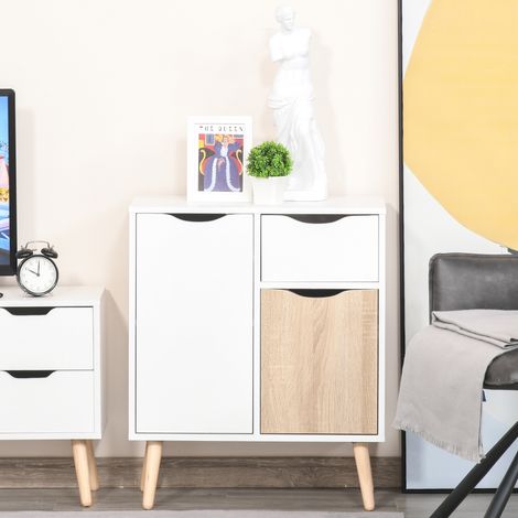 Buffet Meuble de Rangement Design scandinave 2 placards tiroir Coulissant Bois Blanc chêne Clair