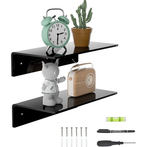 Lot de 2 Petits Étagères Murales Noires de 30 cm, Étagère Flottante en Acrylique pour Mur, Étagère de Présentation Murale pour Chambre, Salon, Étagères pour Figurines (1/5)