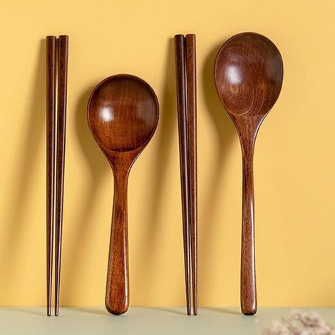 Cuillère Et Baguettes En Bois - 20 Cm - Pour Soupe Ramen Sushi Cuisine Japonaise - Lot De 2 (1/5)