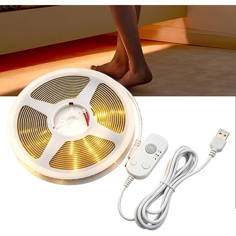 Lot de 2 Ruban LED avec Détecteur de Mouvement, 3M 5V USB Bande LED, 3500K Blanc Chaud Intensité Variable Bande Lumineuse LED 3 Modes pour Escaliers Armoires Chambre Cuisine Placard (1/5)