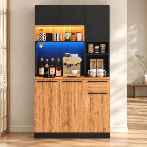 Mobile da cucina alto 100x40x180 cm in MDF nero effetto legno con LED RGB e prese - CHICFURN (1/5)