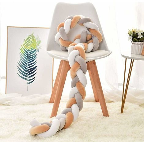 2M Snake Braid Bed Bumper Pillow, Soft Braided Sofa Bumper Pillow for Newborn Bed Protection (White + Gray + Khaki)