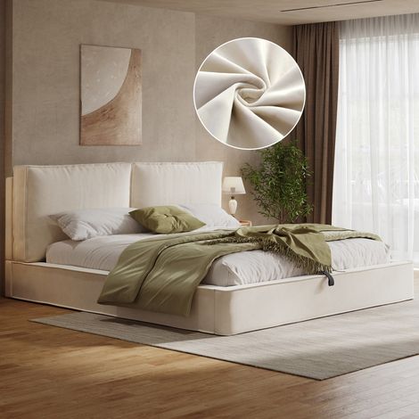 Lit double rembourré 180x200 cm hydraulique avec rangement, tête de lit capitonnée velours beige, sommier à lattes inclus (sans Matelas) (1/5)