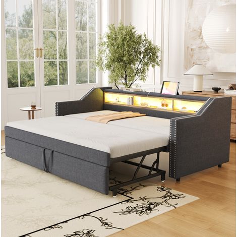 Divano letto in tessuto grigio scuro 90/180x190 cm estraibile con rete a doghe, vani laterali, USB e LED (1/5)