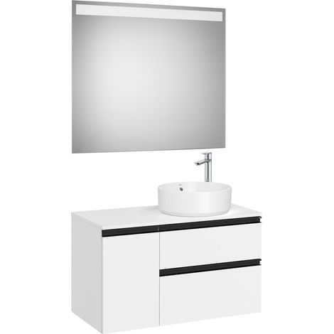 Pack meuble "The gap" 900 pour vasque à droite - 2 tiroirs + 1 porte + plan + miroir LED - blanc mat - Roca (1/2)