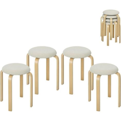 Set de 4 tabourets rembourrés empilables. Ils allient une finition laquée élégante à des pieds en bois solides, dans un coloris blanc crème très doux (1/5)