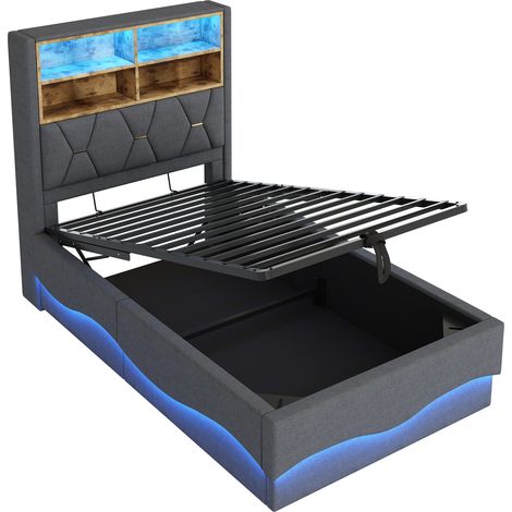 CAIziLit pour enfant 90×200 cm avec rangement hydraulique, bande lumineuse LED pilotée par application, port de charge USB, sommier à lattes en métal, revêtement en lin gris. (1/5)