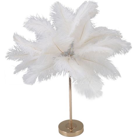 Lampe de table à plumes d'autruche, interrupteur tactile, alimentation USB, 3 couleurs de lumière, base en métal doré, 30 plumes (1/5)