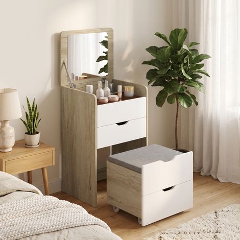 Coiffeuse avec Miroir et Tabouret 3 en 1, 2 Tiroirs, Rangement, Chêne et Blanc (1/5)