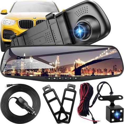 Cámara de salpicadero Full HD con espejo retrovisor y cámara de visión trasera con visión nocturna,cámara dual para coche 1080P (1/5)