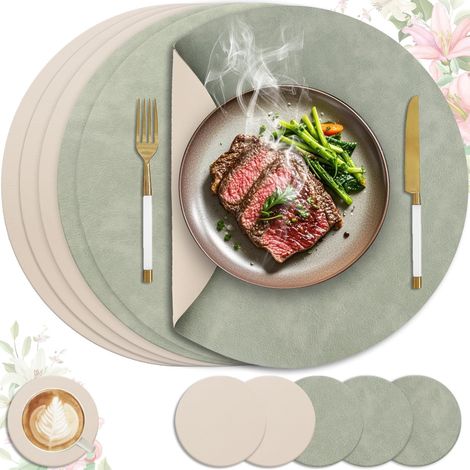Lot de 6 sets de table ronds 36 cm, lavables et antidérapants, double face vert clair et beige. (1/5)
